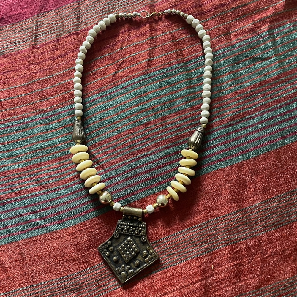 Handmade Beaded Necklace with a Brass pendant